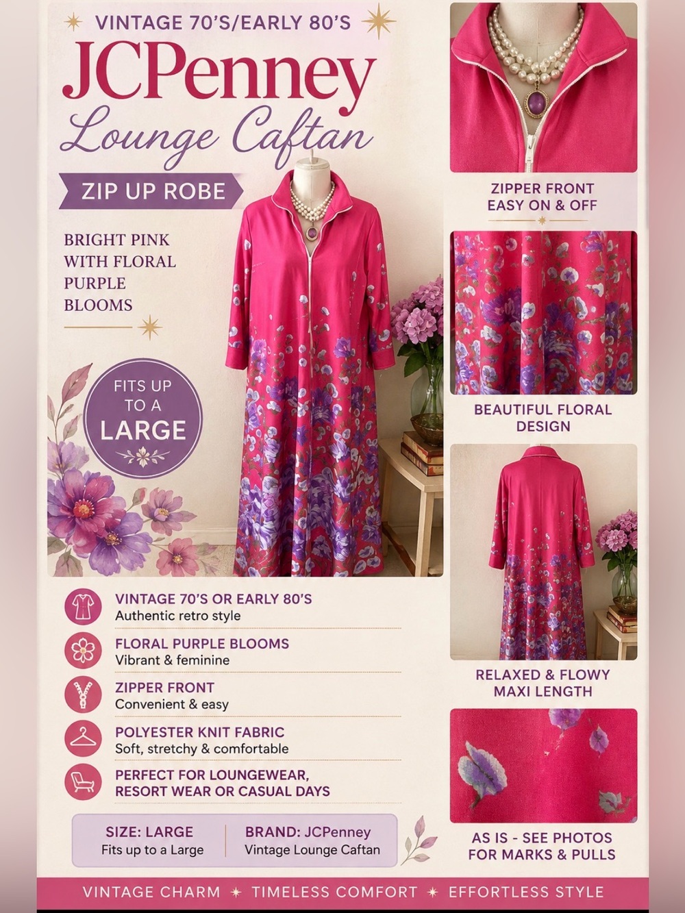 JCPenney - vintage 70’s- Pink Resort Wear - floral zip robe/caftan - large